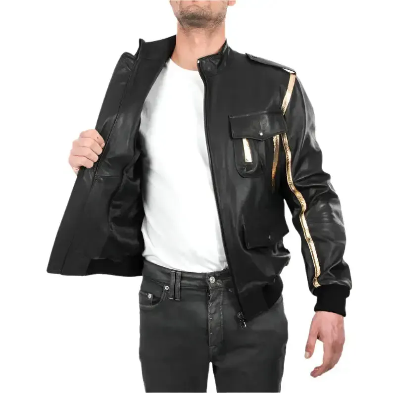 Men's Black & Gold Genuine Lamb Leather Bomber Jacket – Stylish & Premium
