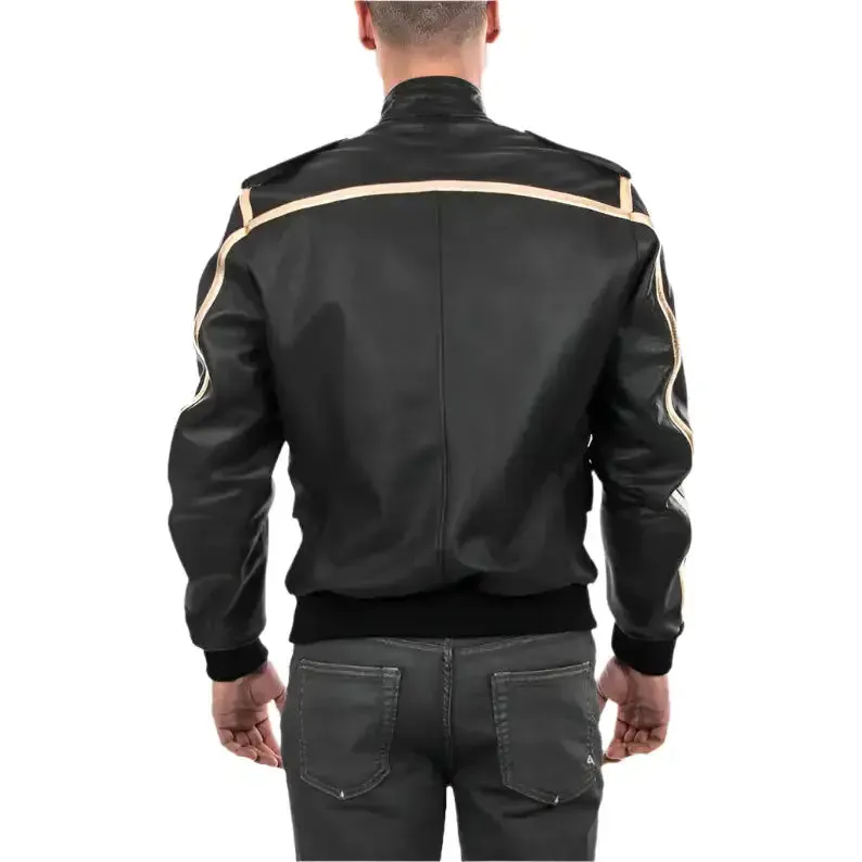 Men's Black & Gold Genuine Lamb Leather Bomber Jacket – Stylish & Premium