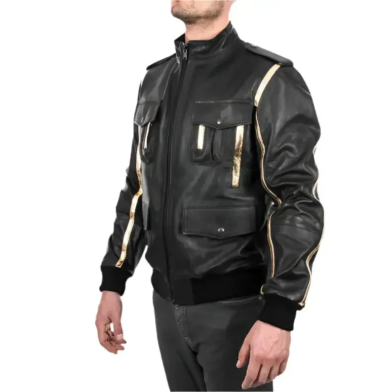 Men's Black & Gold Genuine Lamb Leather Bomber Jacket – Stylish & Premium