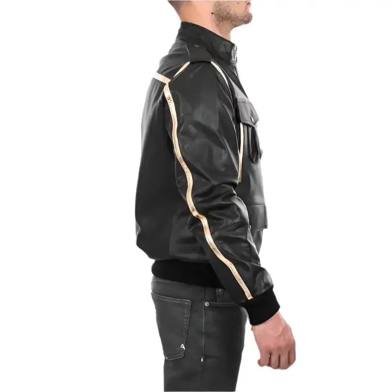 Men's Black & Gold Genuine Lamb Leather Bomber Jacket – Stylish & Premium