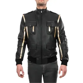Men's Black & Gold Genuine Lamb Leather Bomber Jacket – Stylish & Premium