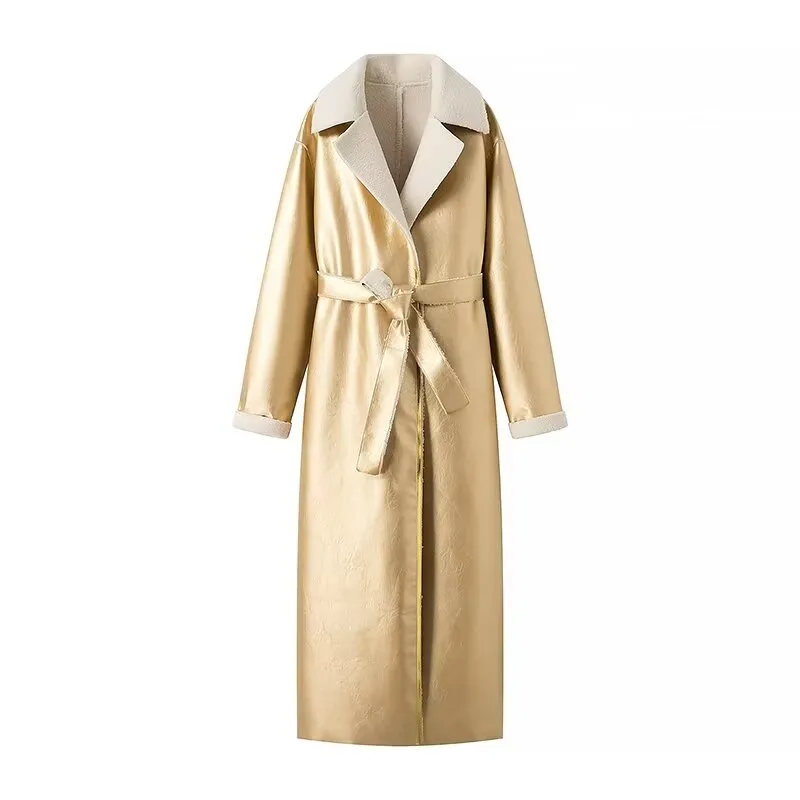 Metallic Shearling Trench Coat