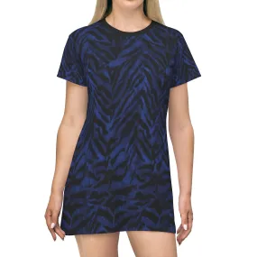 Navy Blue Tiger Stripe Dress, Animal Print Designer Crew Neck T-Shirt Dress For Women -Made in USA