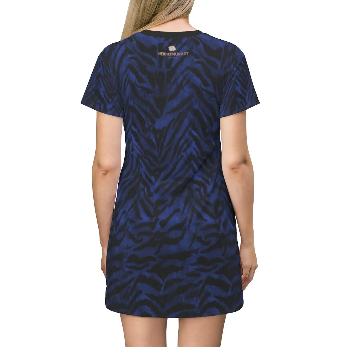 Navy Blue Tiger Stripe Dress, Animal Print Designer Crew Neck T-Shirt Dress For Women -Made in USA
