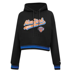 NBA NEW YORK KNICKS SCRIPT TAIL WOMEN'S RIB FLC CROPPED PO HOODIE (BLACK/ROYAL BLUE/BLACK)