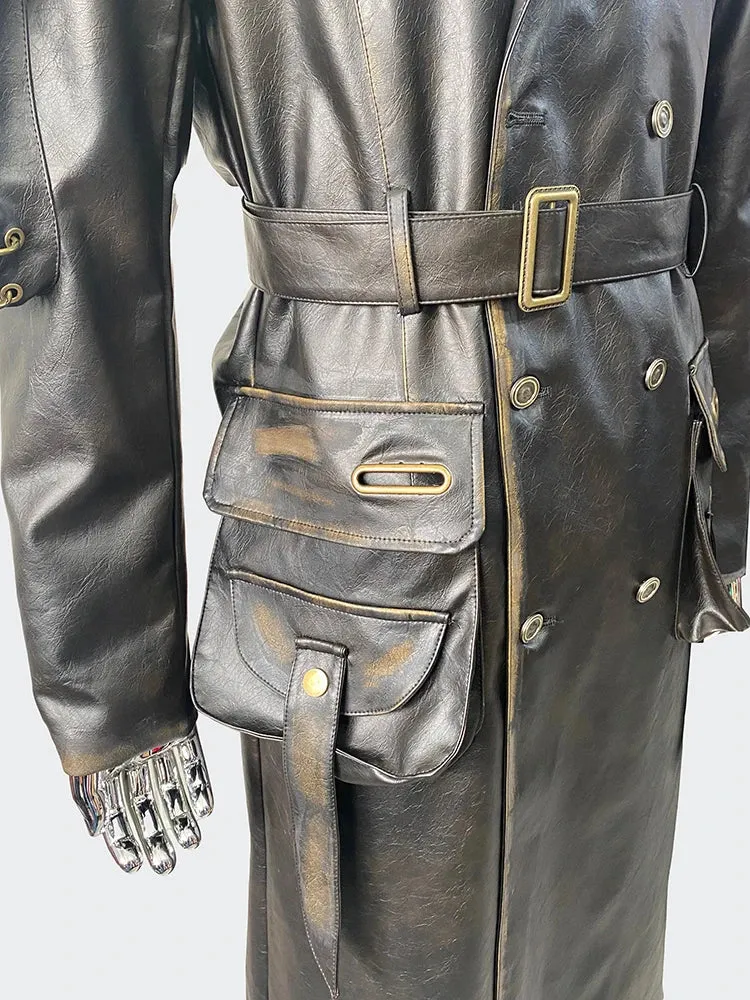 Nerazzurri Men’s Long Distressed PU Leather Trench Coat – Waterproof, Belted Punk Style for Spring & Autumn