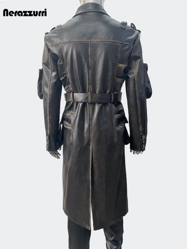 Nerazzurri Men’s Long Distressed PU Leather Trench Coat – Waterproof, Belted Punk Style for Spring & Autumn