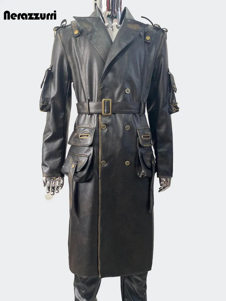 Nerazzurri Men’s Long Distressed PU Leather Trench Coat – Waterproof, Belted Punk Style for Spring & Autumn