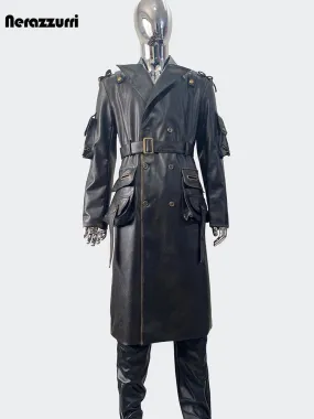 Nerazzurri Men’s Long Distressed PU Leather Trench Coat – Waterproof, Belted Punk Style for Spring & Autumn
