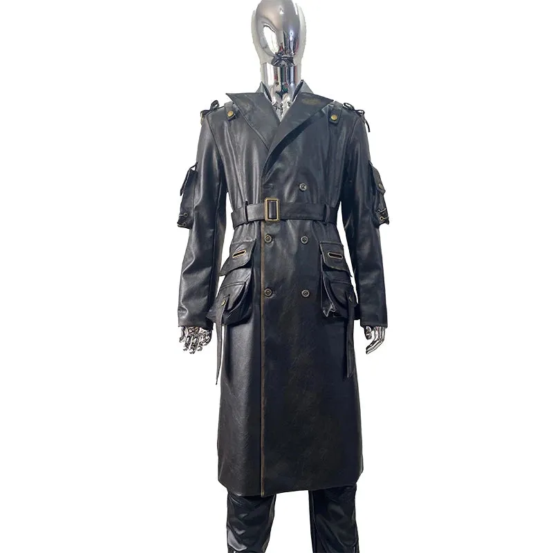 Nerazzurri Men’s Long Distressed PU Leather Trench Coat – Waterproof, Belted Punk Style for Spring & Autumn