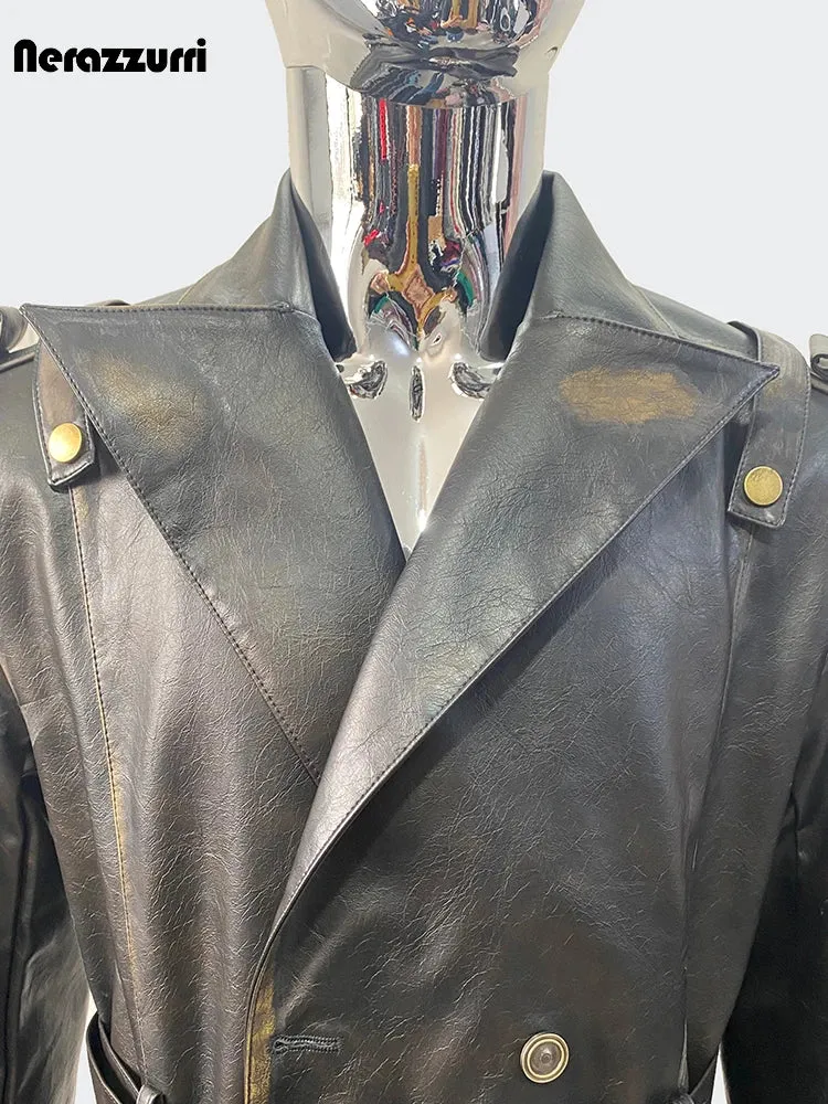 Nerazzurri Men’s Long Distressed PU Leather Trench Coat – Waterproof, Belted Punk Style for Spring & Autumn