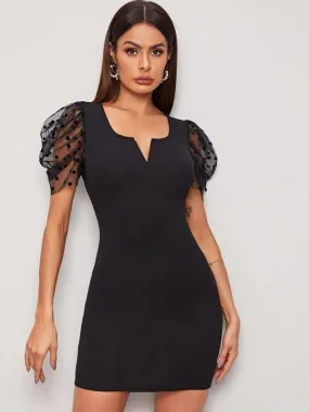 Polka-dot Mesh Puff Sleeve Bodycon Dress