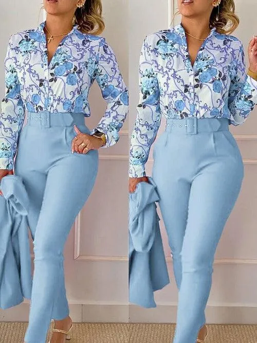 Print Shirt Tops &High Waist Pants