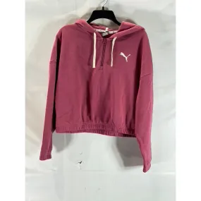 PUMA Women's Pink Logo Half Zip Cropped Dropped Shoulder Pullover Hoodie SZ M
