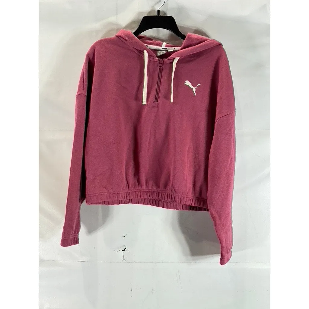 PUMA Women's Pink Logo Half Zip Cropped Dropped Shoulder Pullover Hoodie SZ M