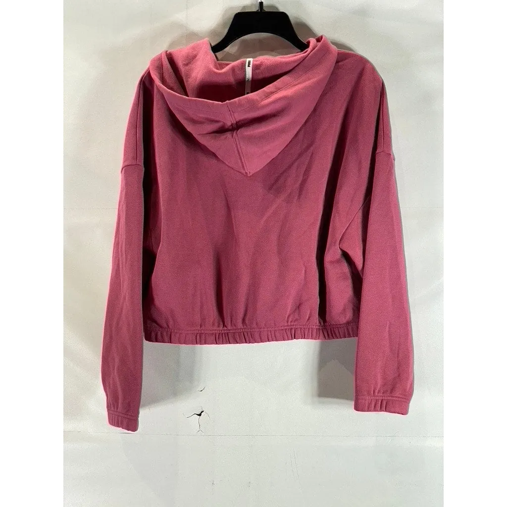 PUMA Women's Pink Logo Half Zip Cropped Dropped Shoulder Pullover Hoodie SZ M