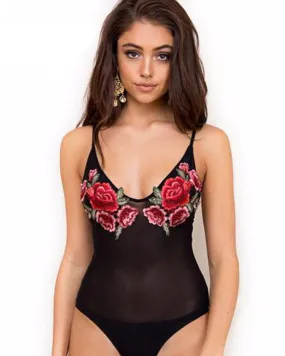 Red Rose Embroidery Mesh Bodysuit