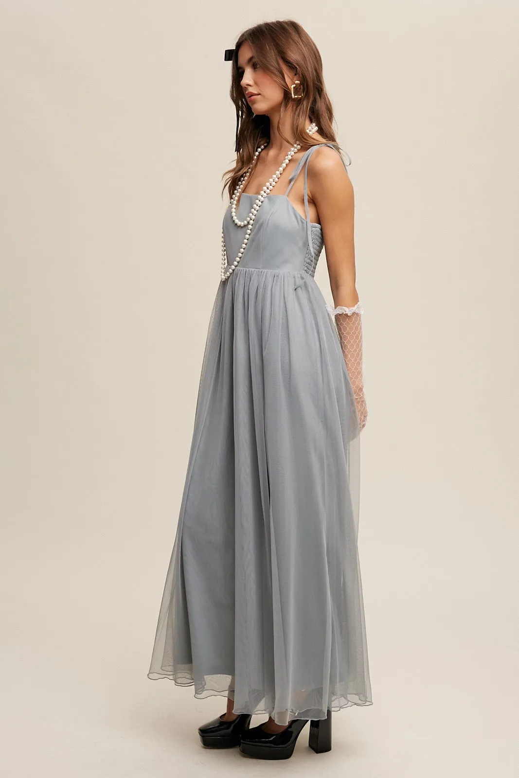 Romantic Babydoll Maxi Tulle Dress - Sage Tint