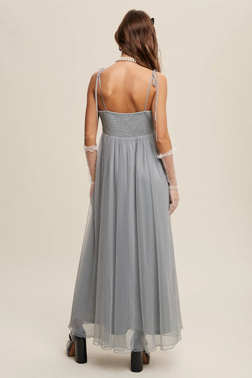 Romantic Babydoll Maxi Tulle Dress - Sage Tint