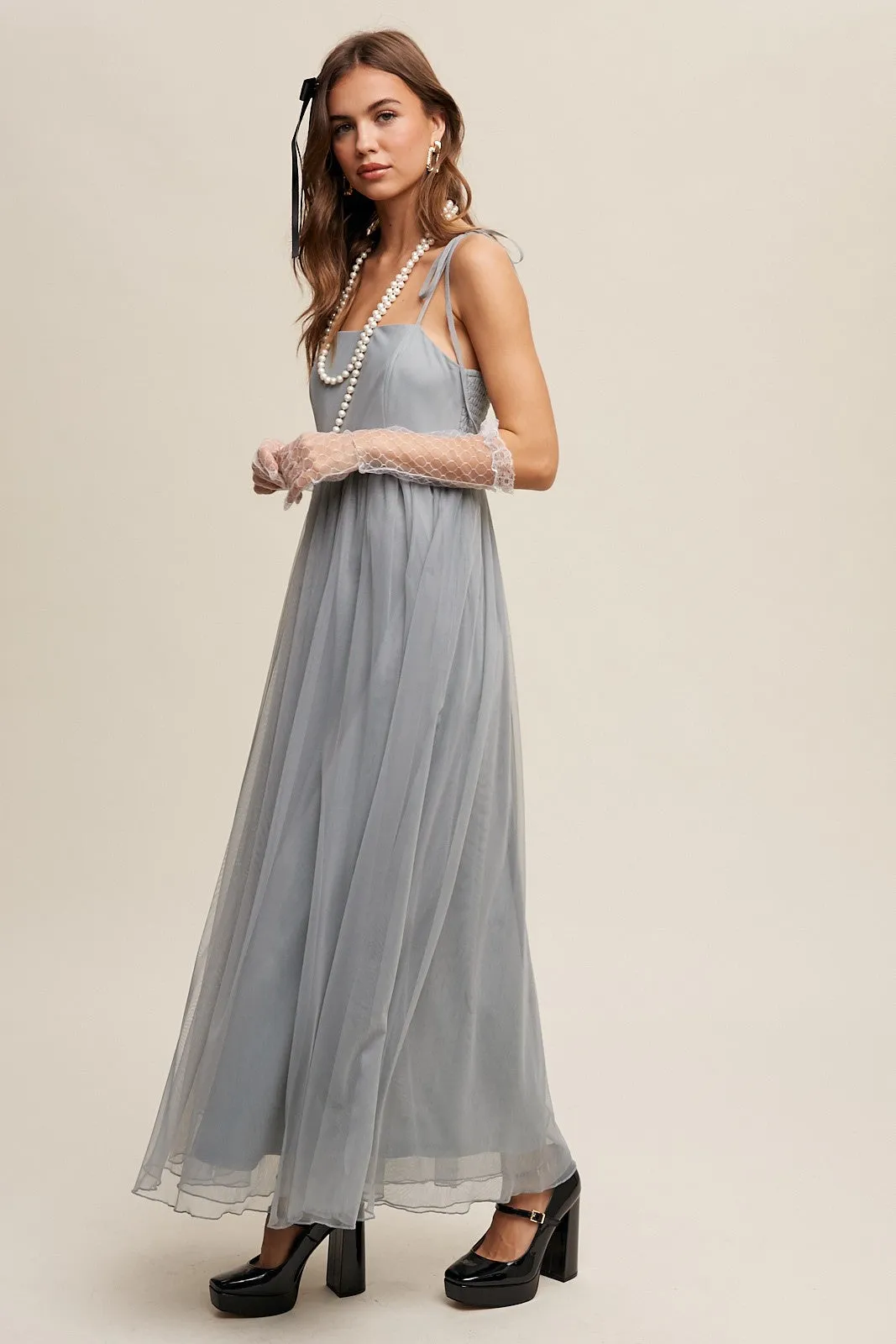 Romantic Babydoll Maxi Tulle Dress - Sage Tint