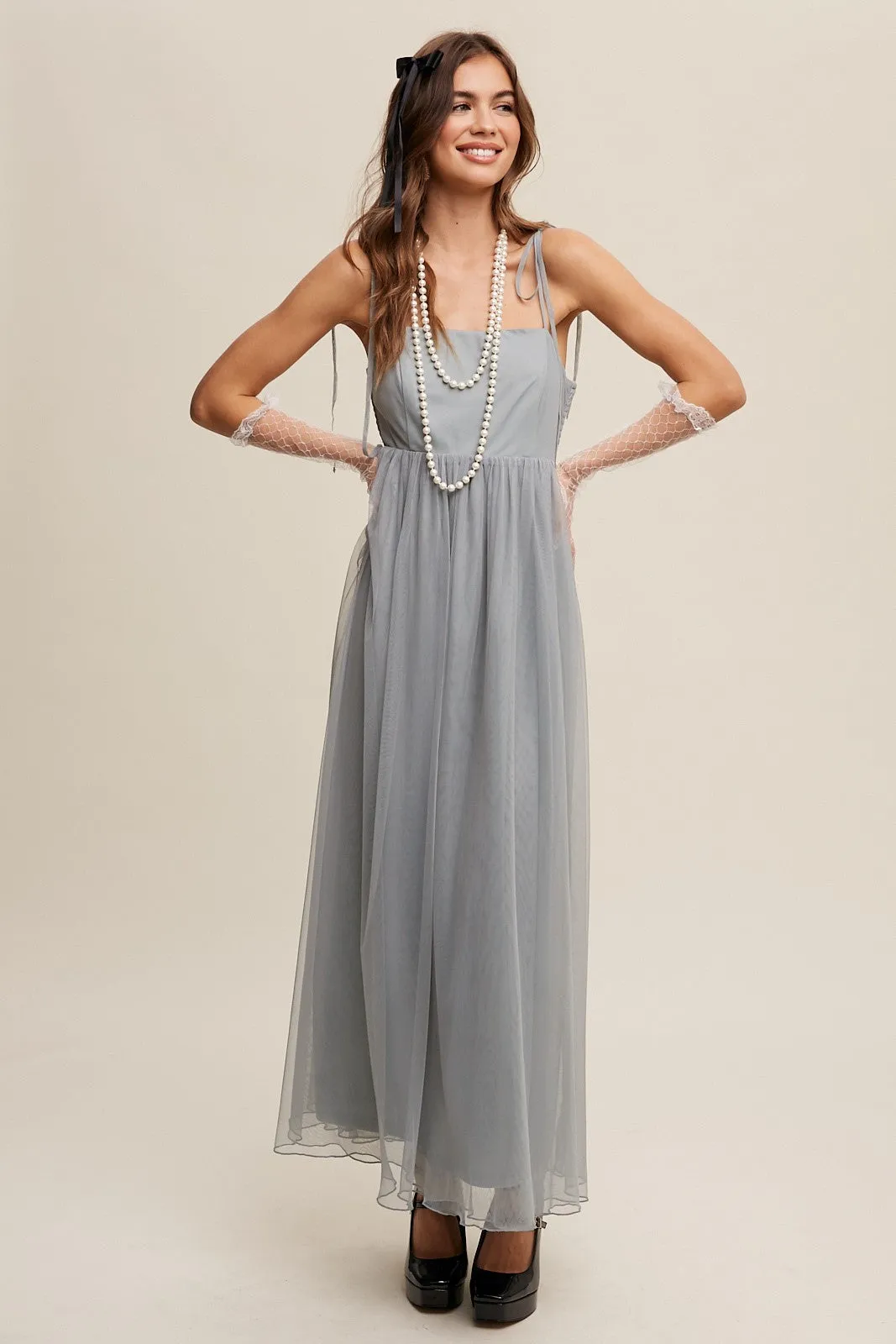 Romantic Babydoll Maxi Tulle Dress - Sage Tint