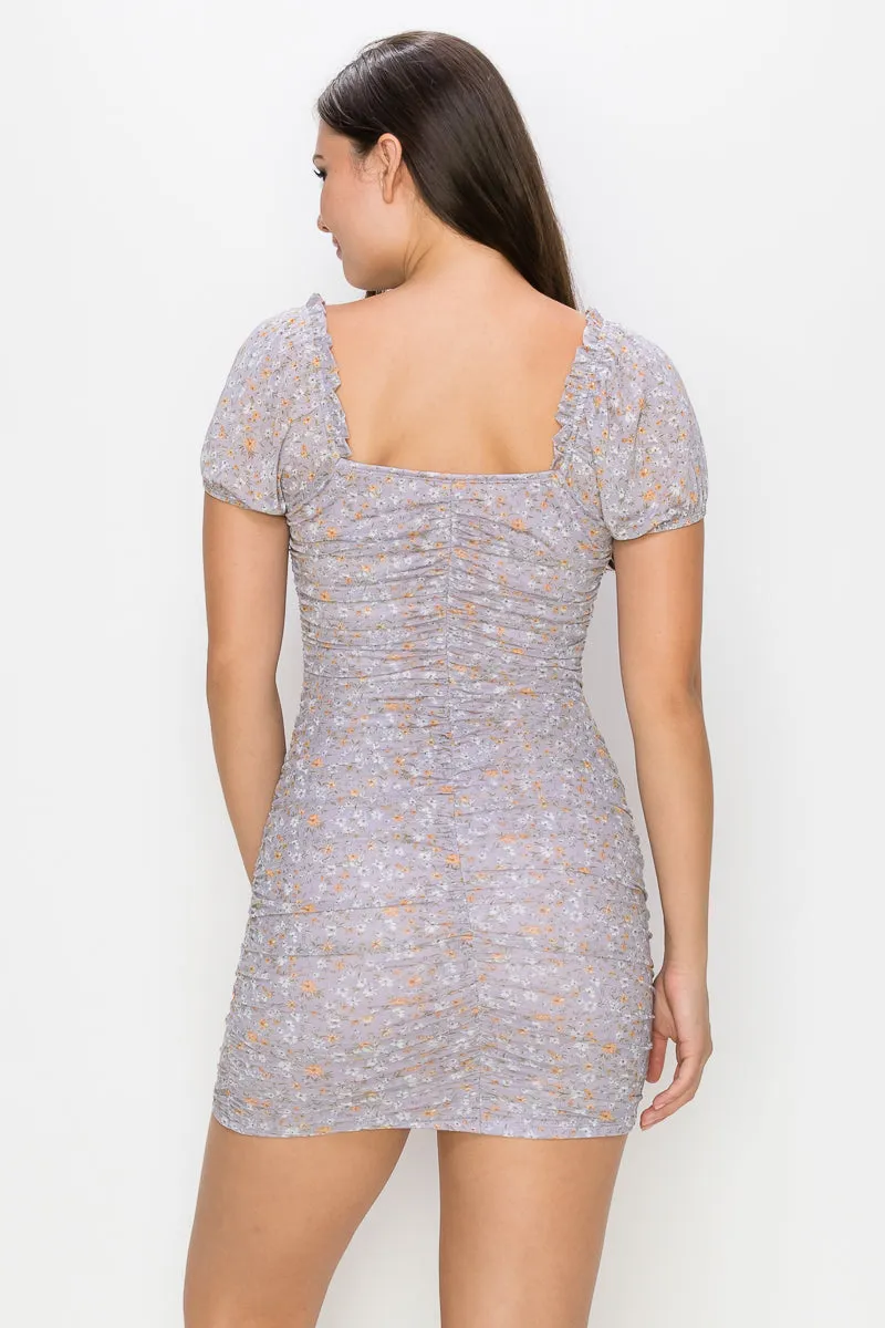 Ruched Floral Ruffled Bodycon Dress,Lavender
