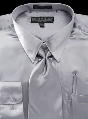 Satin Dress Shirt Convertible Cuff Regular Fit in Silver With Tie And Pocket Square