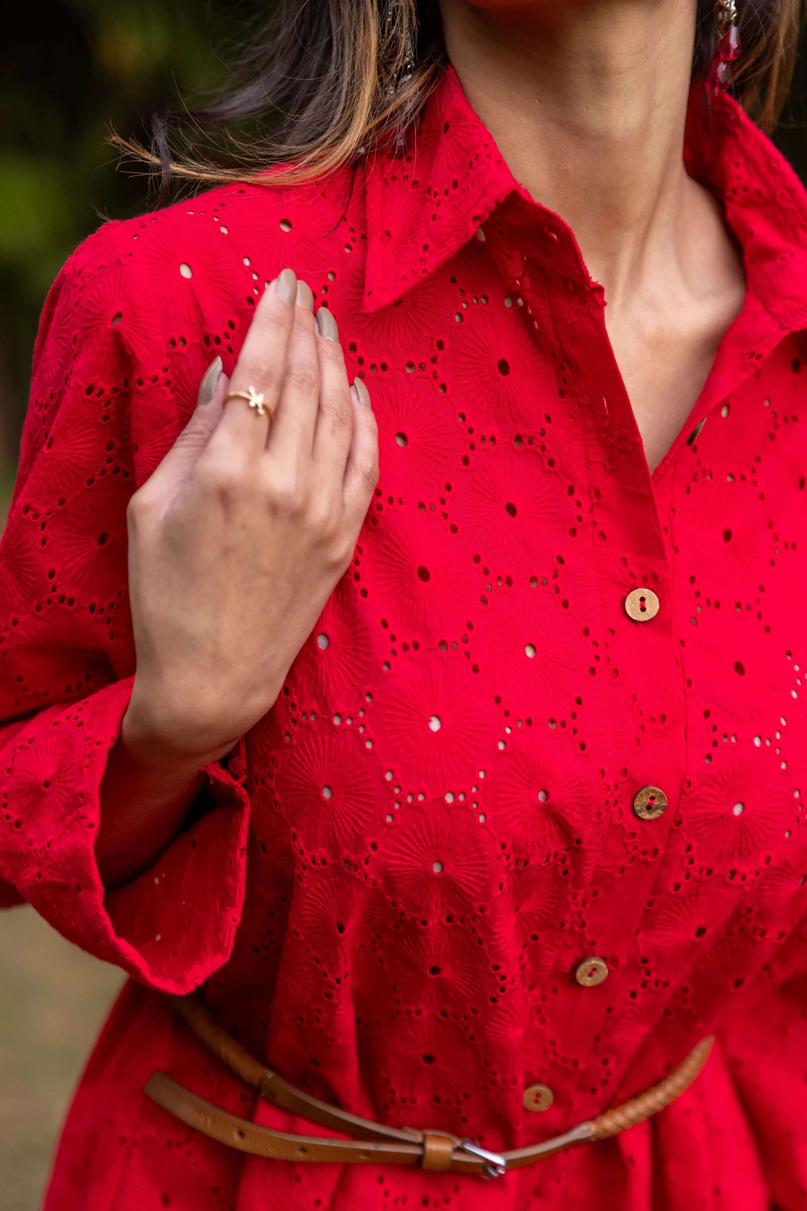 Schiffli Shirt Dress - Red