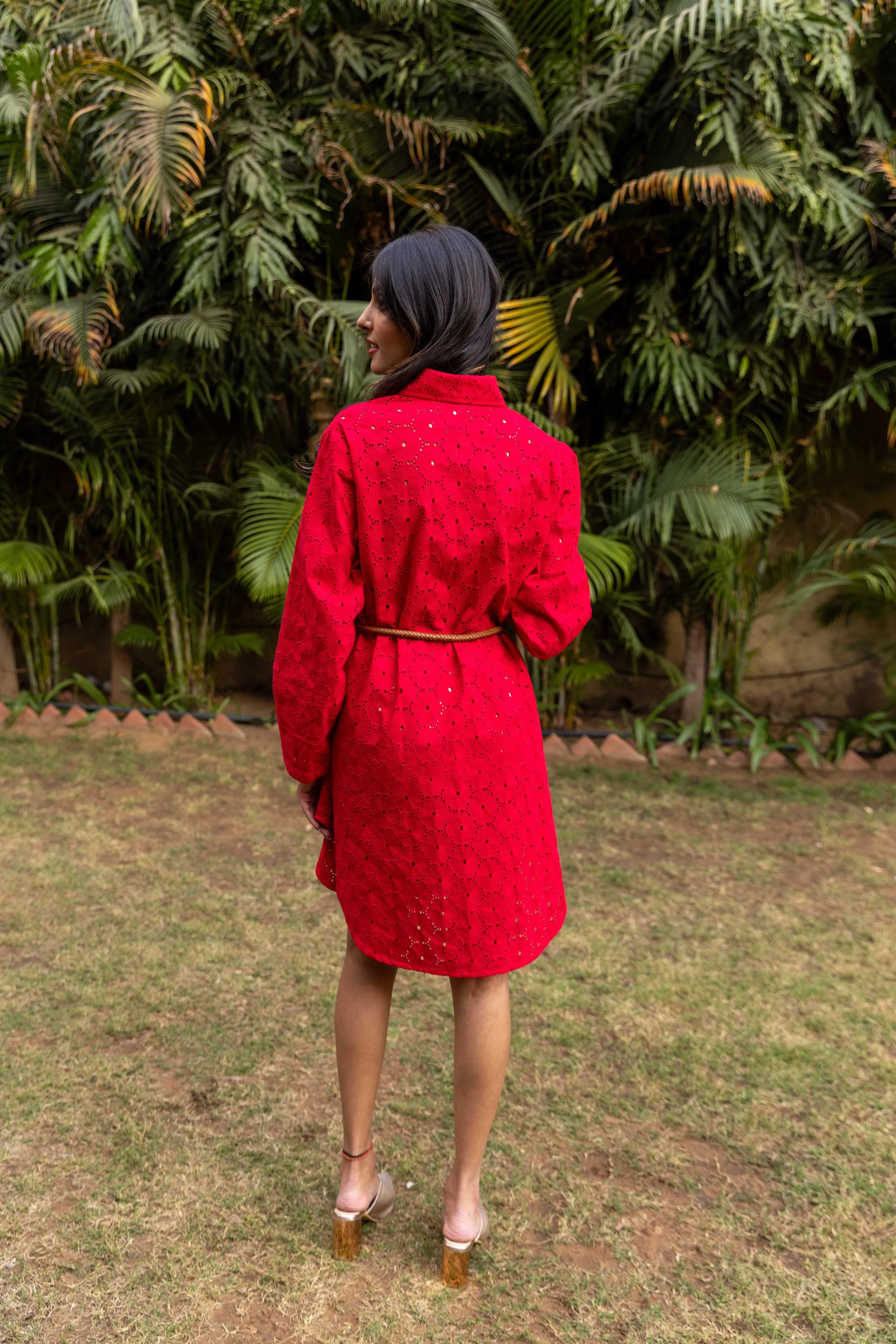 Schiffli Shirt Dress - Red