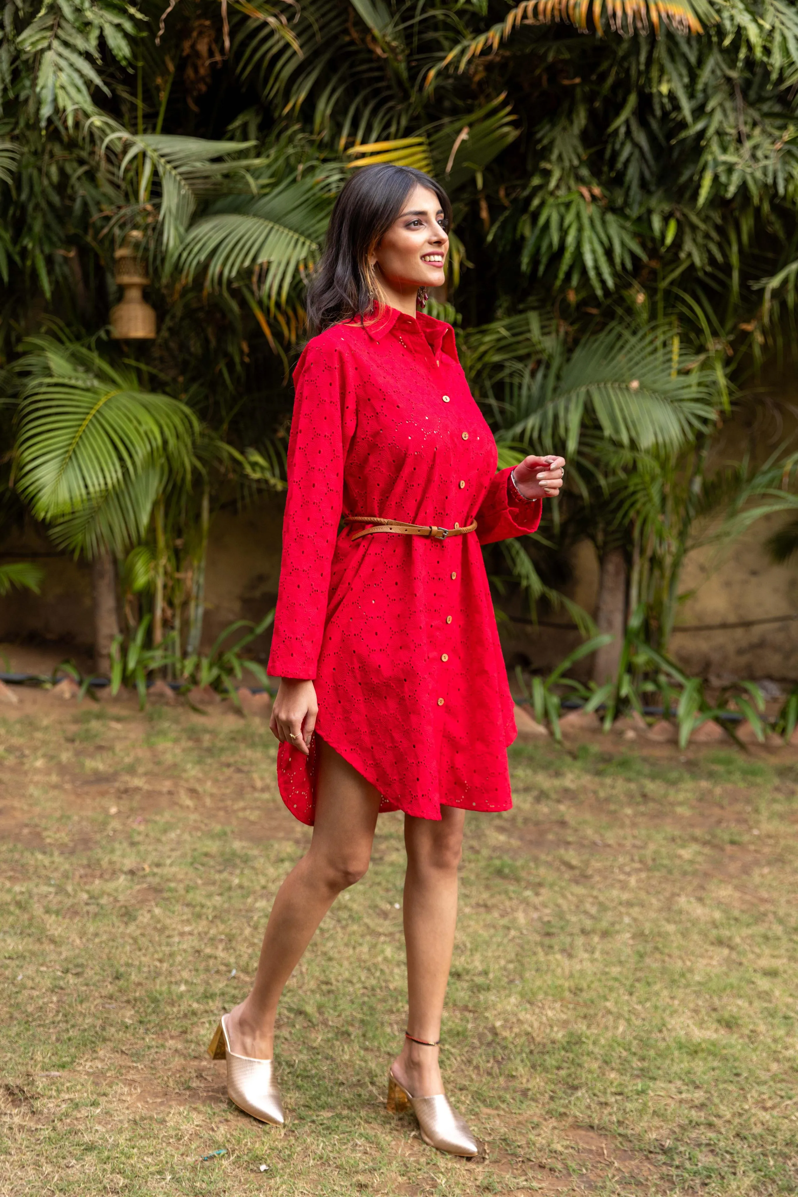 Schiffli Shirt Dress - Red