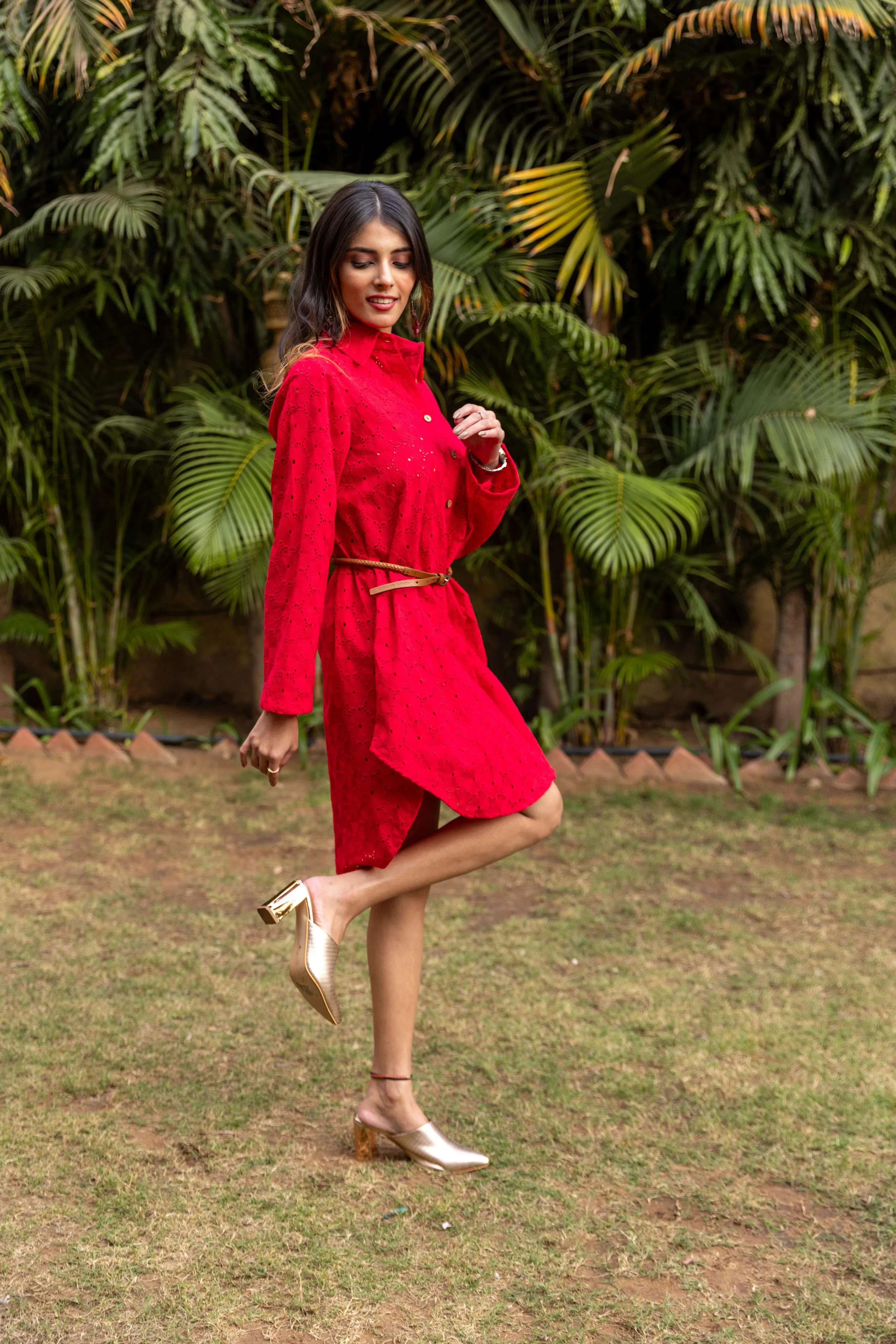 Schiffli Shirt Dress - Red