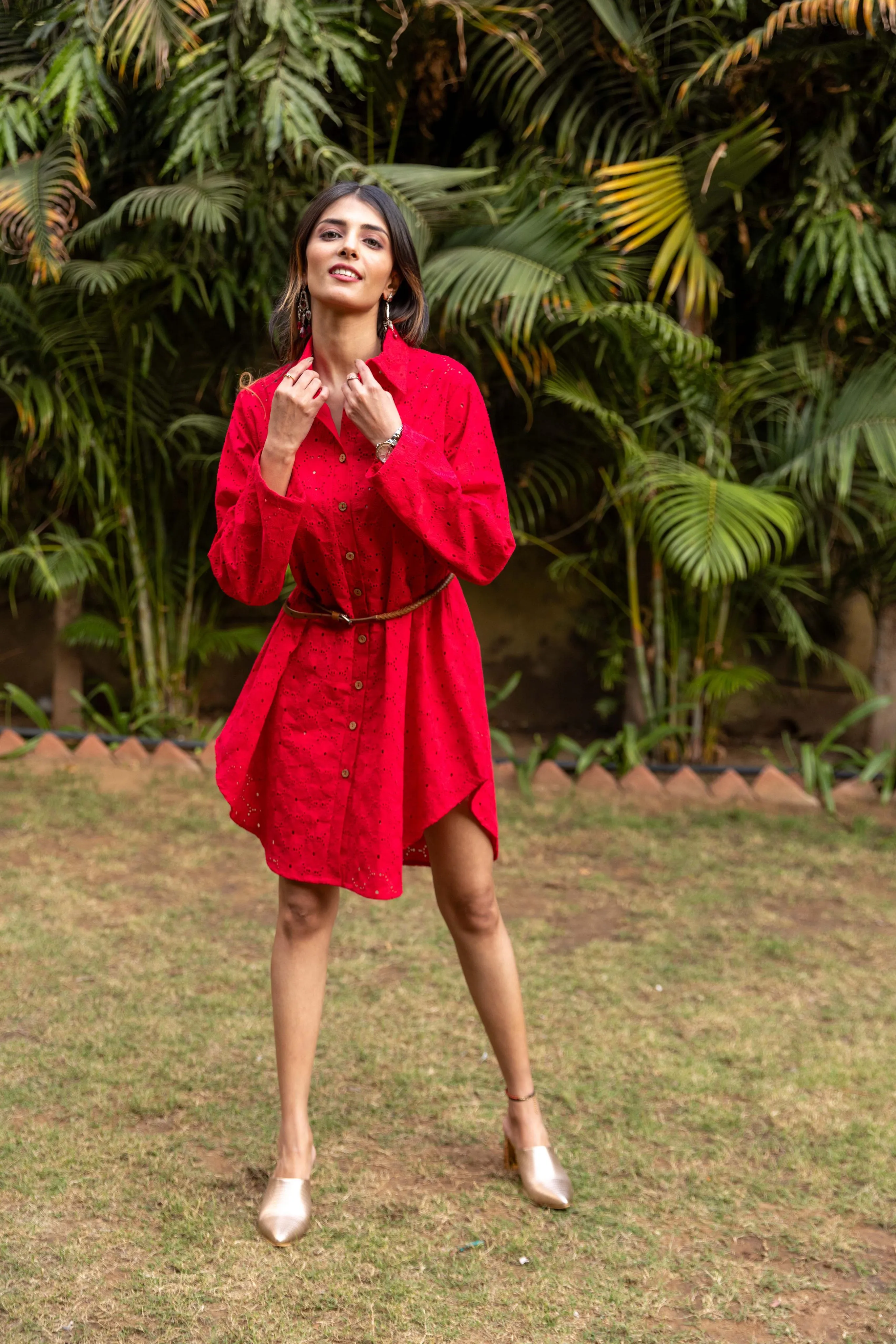 Schiffli Shirt Dress - Red