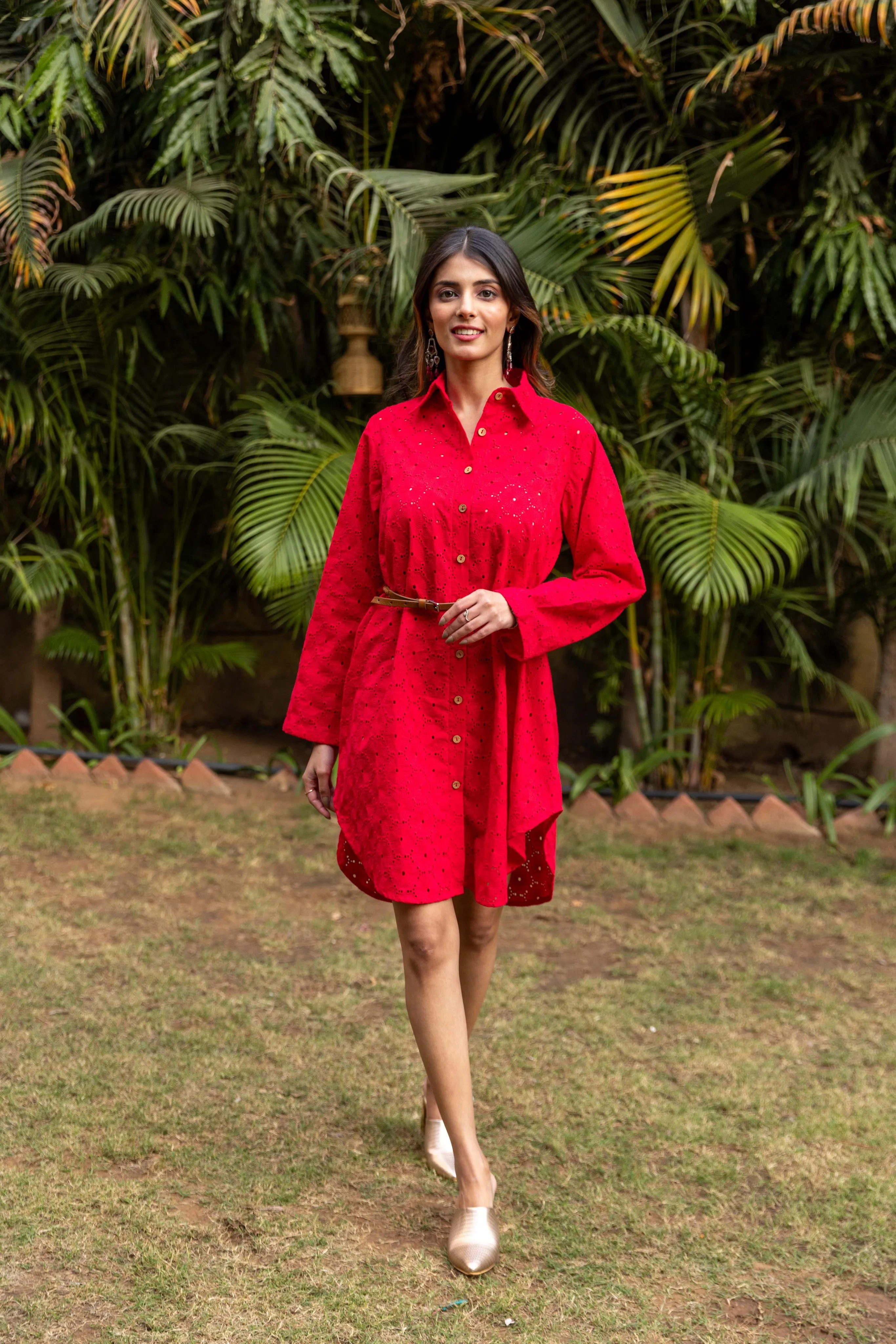 Schiffli Shirt Dress - Red