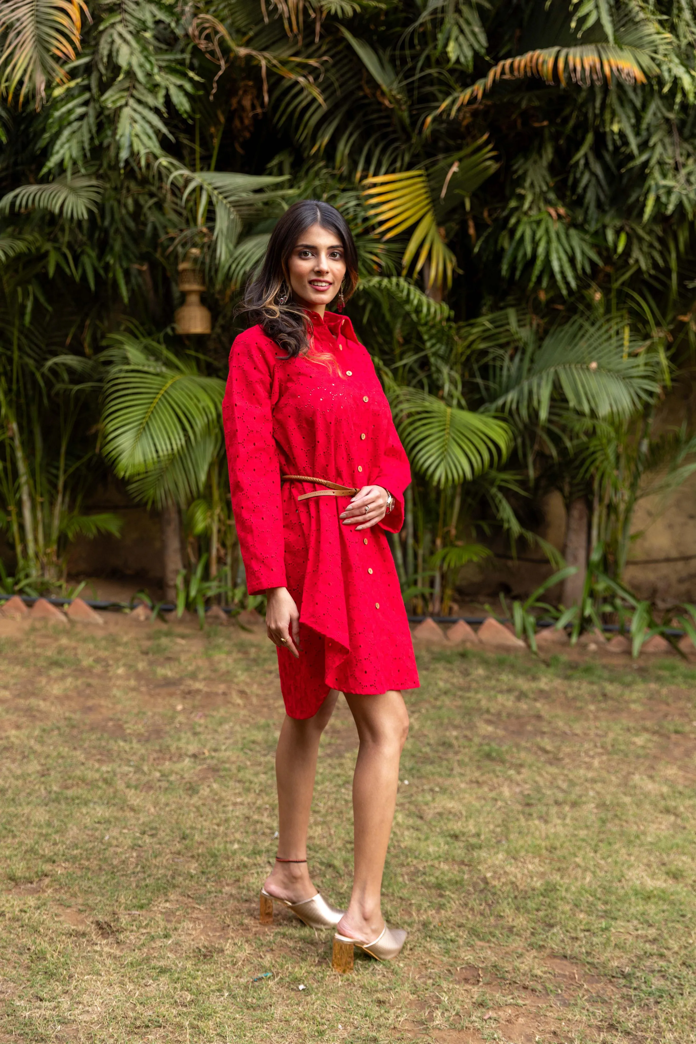 Schiffli Shirt Dress - Red