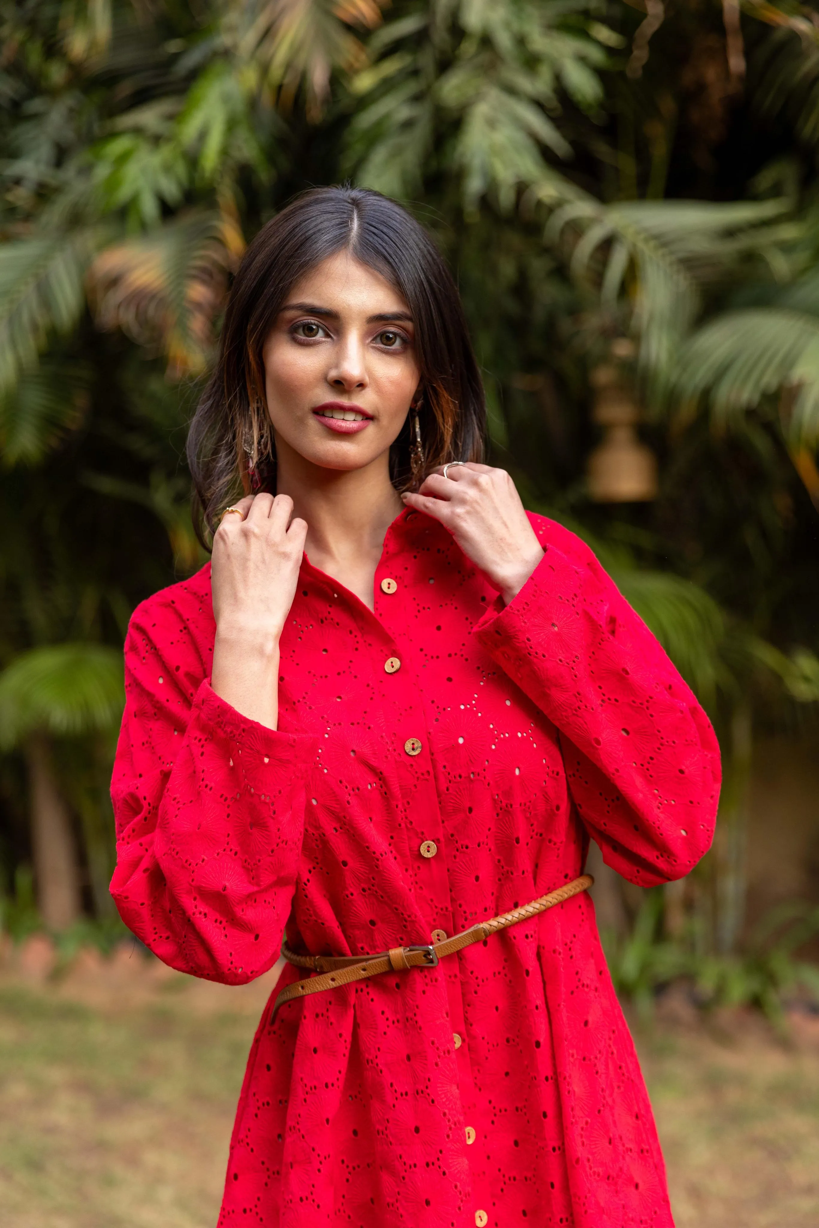 Schiffli Shirt Dress - Red