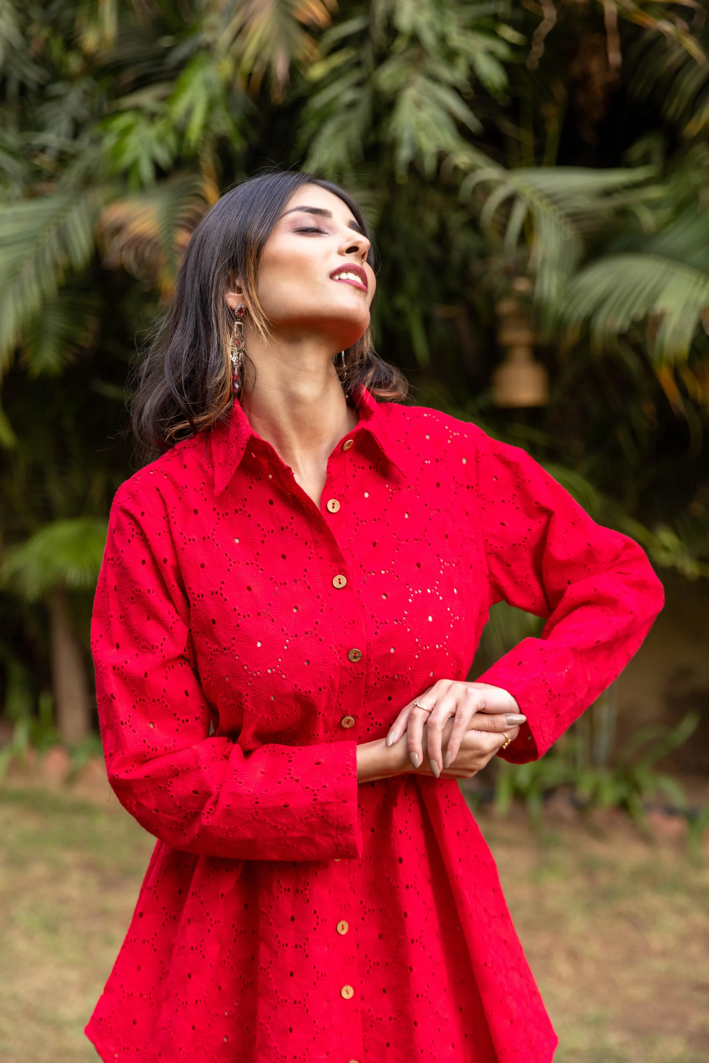Schiffli Shirt Dress - Red
