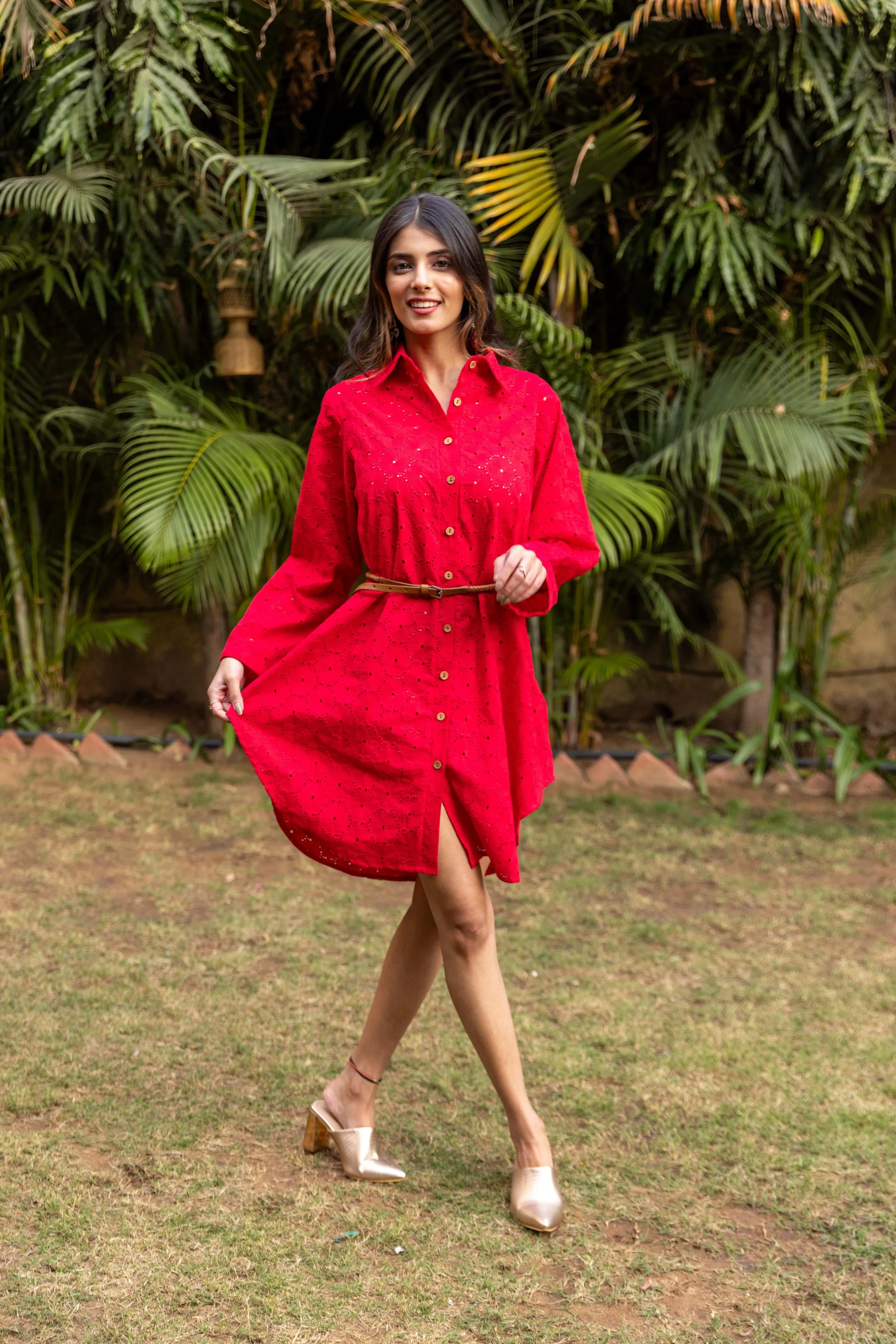 Schiffli Shirt Dress - Red