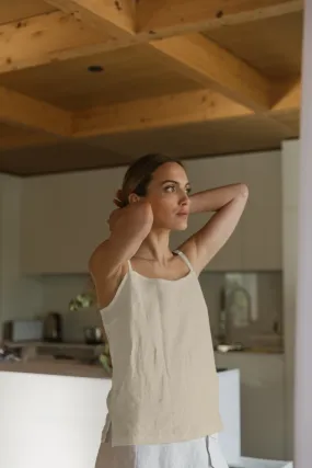Short beige natural linen nightie with straps - Mariane