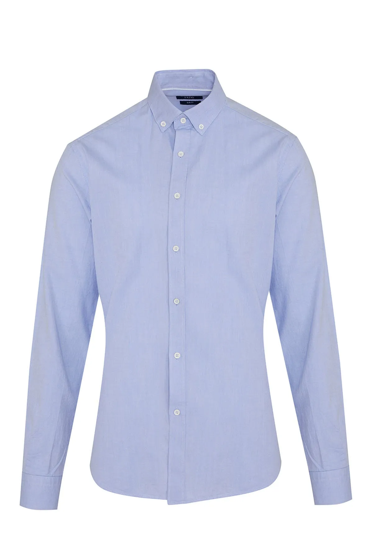 Slim Fit Plain Button-Down Cotton Blue Casual Shirt