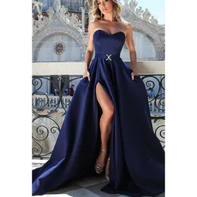 Sweetheart Strapless Thigh Slit A-Line Long Prom Evening Gown