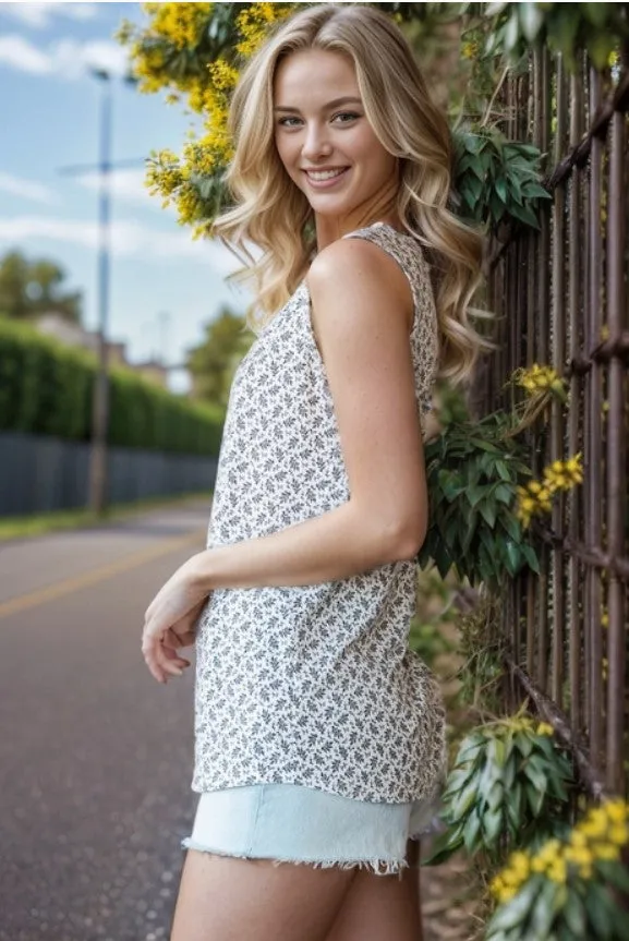 Taupe Ditsy Floral Tank - #6877-6882