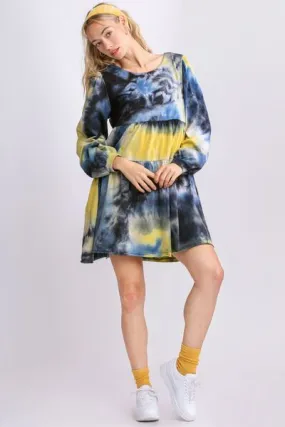 Tie Dye Round Neck Long Sleeve Babydoll Tiered Dress in Yellow and Black