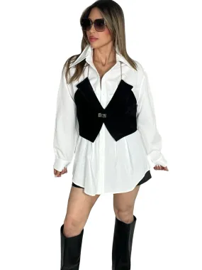 White Oversized Shirt Dress With Detachable Vest