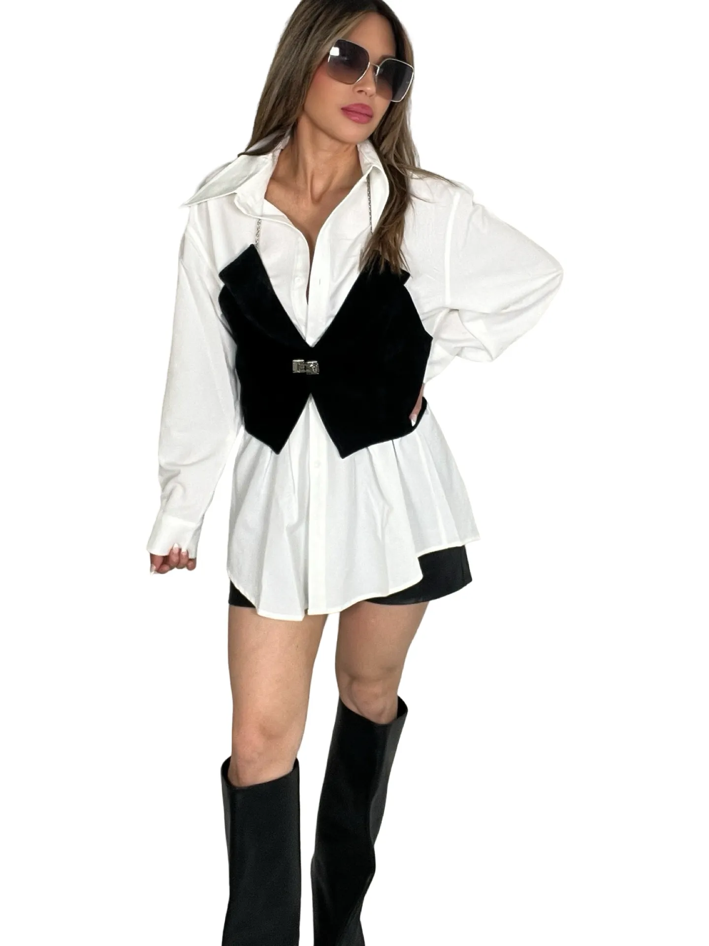 White Oversized Shirt Dress With Detachable Vest