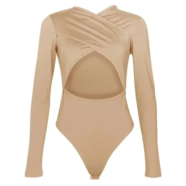 Women Sexy Criss Cross Bust Long Sleeve White Bodysuit