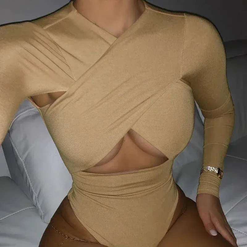 Women Sexy Criss Cross Bust Long Sleeve White Bodysuit