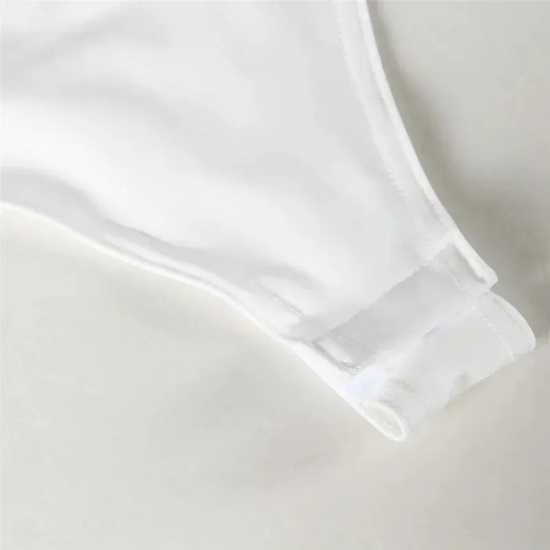 Women Sexy Criss Cross Bust Long Sleeve White Bodysuit
