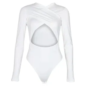 Women Sexy Criss Cross Bust Long Sleeve White Bodysuit