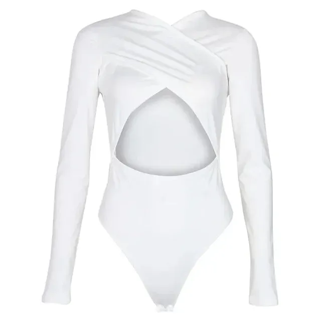 Women Sexy Criss Cross Bust Long Sleeve White Bodysuit