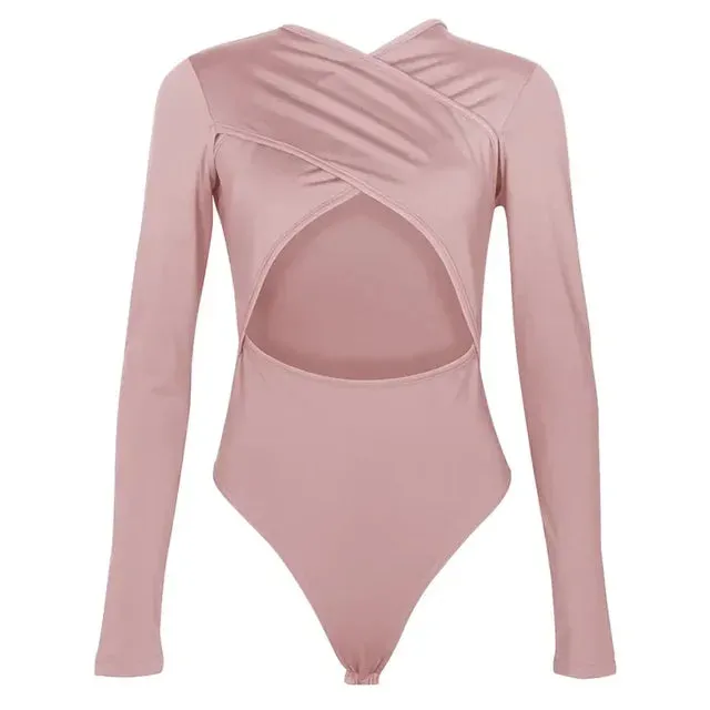 Women Sexy Criss Cross Bust Long Sleeve White Bodysuit